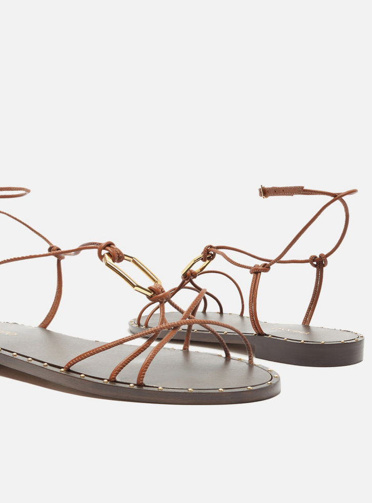 Sandália Rasteira Marrom Tiras Metal