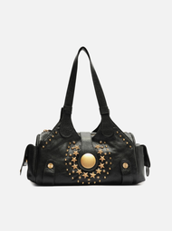 Bolsa Bowling Preta Arezzo Couro Grande Metais Folk