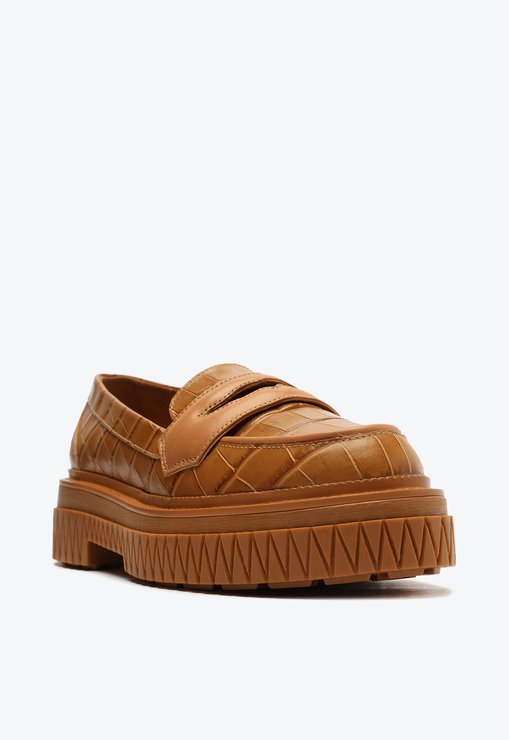 Sapato Mocassim Tratorado Viola Couro Croco Marrom