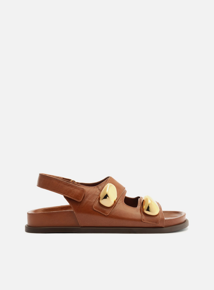 Sandália Papete Marrom Couro Metal