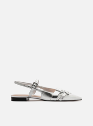 Sapatilha Prata Couro Slingback Fivelas