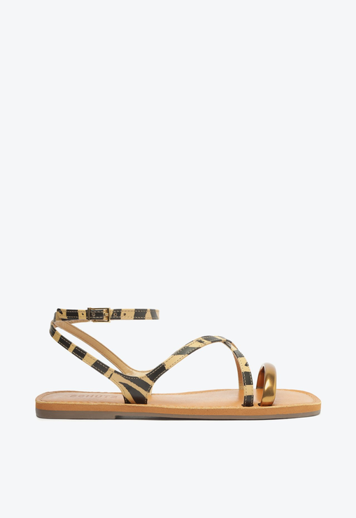 Sandália Rasteira Couro Estampa Animal Print