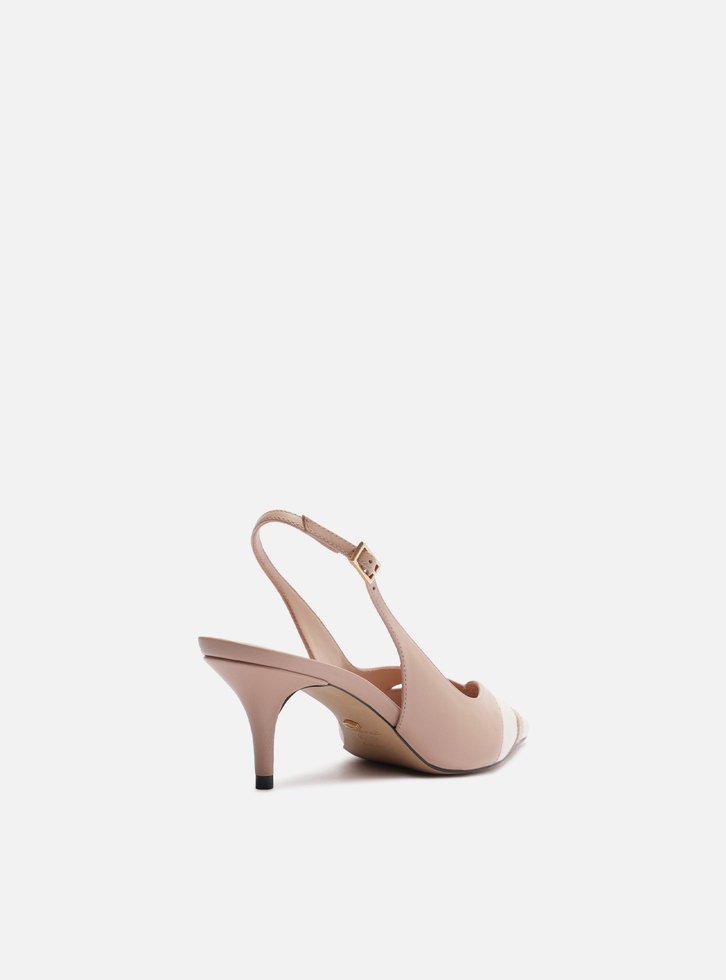 Scarpin Bege Couro Salto Kitten Slingback Bicolor