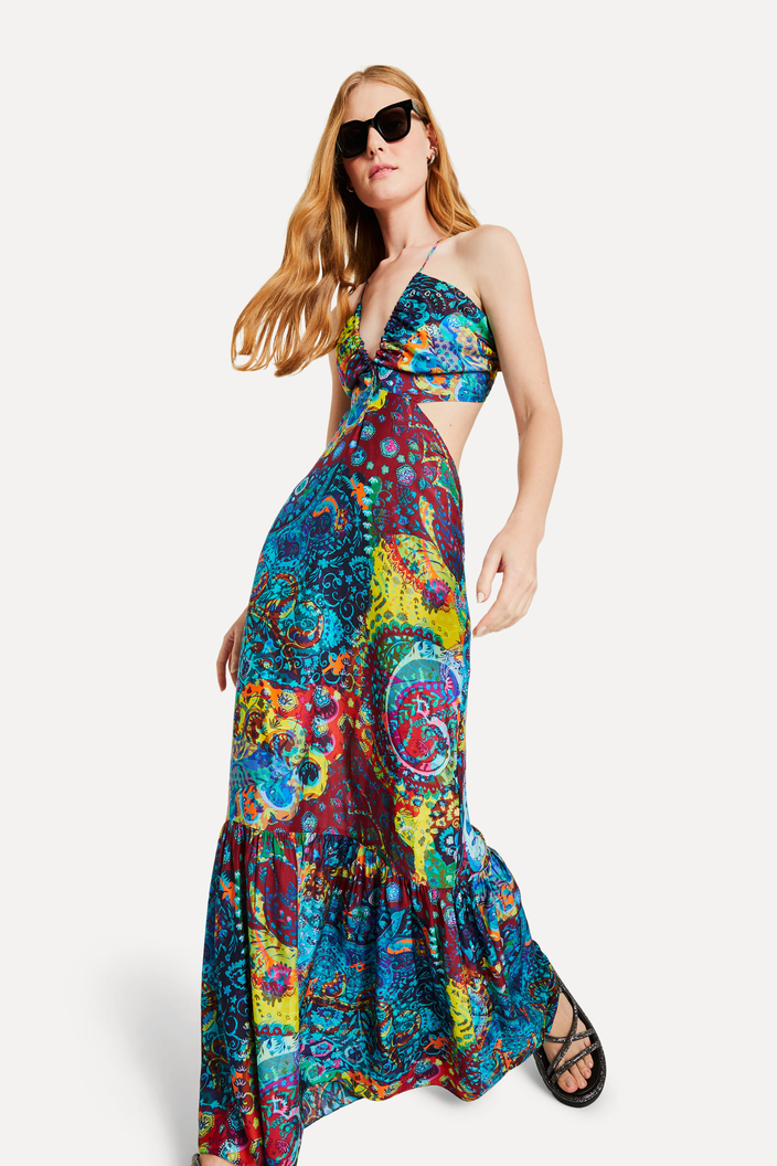 Vestido Azul Reversa Estampado Longo Paisley