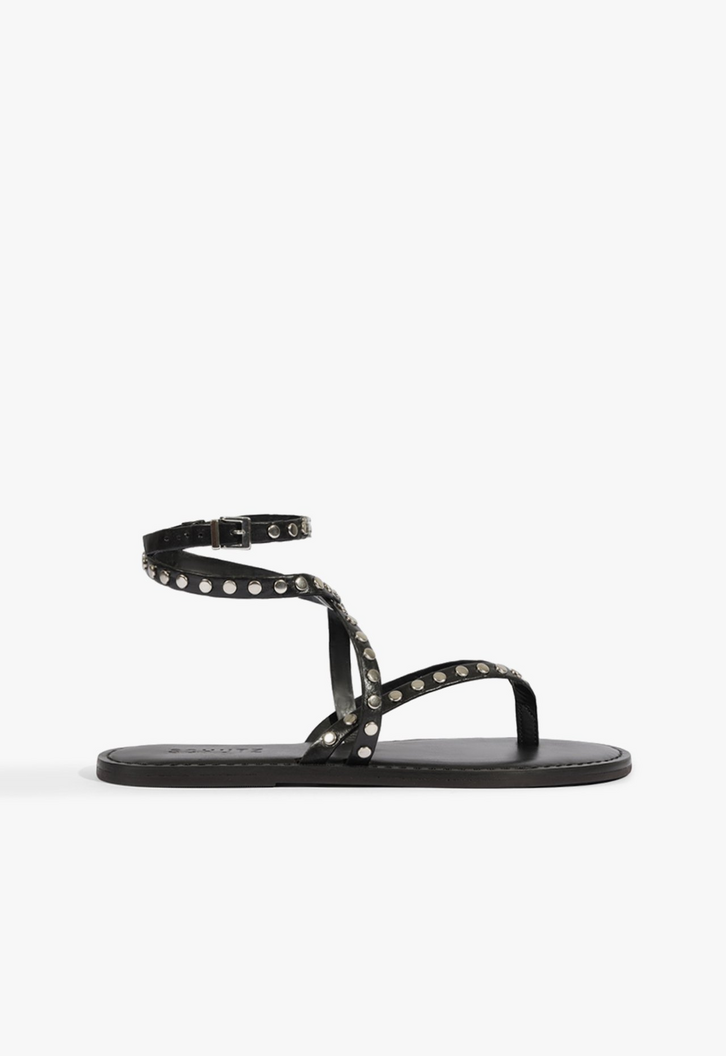 Sandália Studs Rasteira Couro Preta