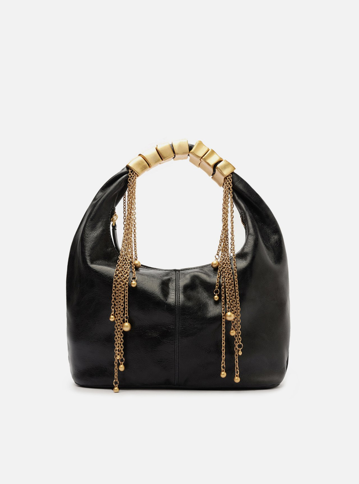 Bolsa Tiracolo Preta Couro Média Alça Metais | ZZ MALL