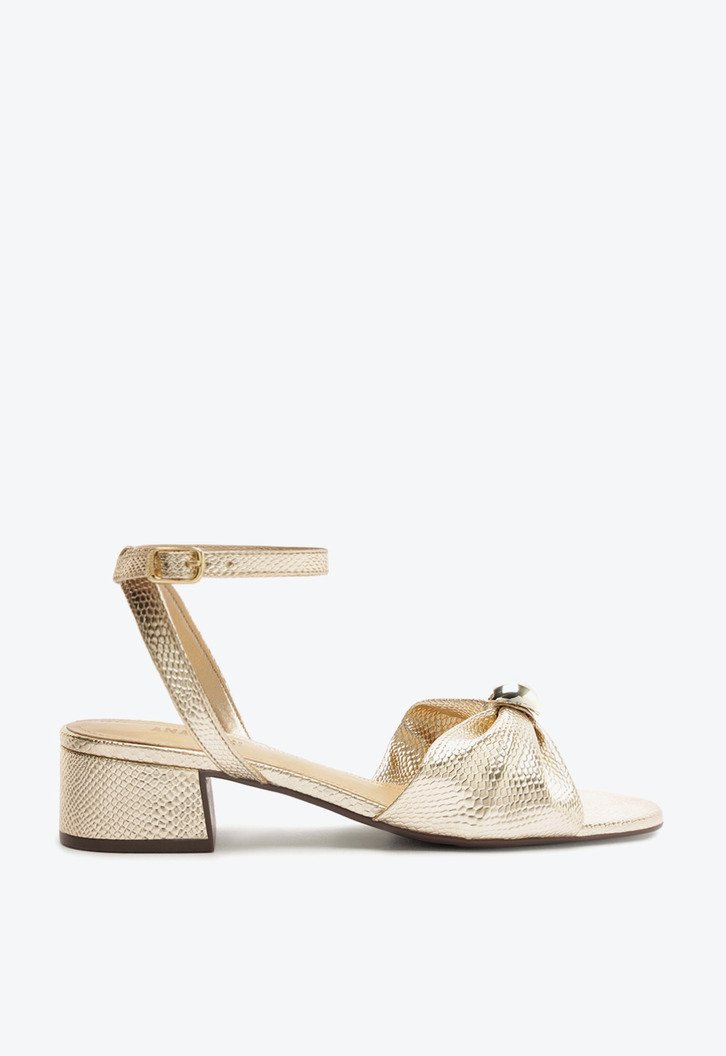 Sandália Salto Bloco Laço Dourada