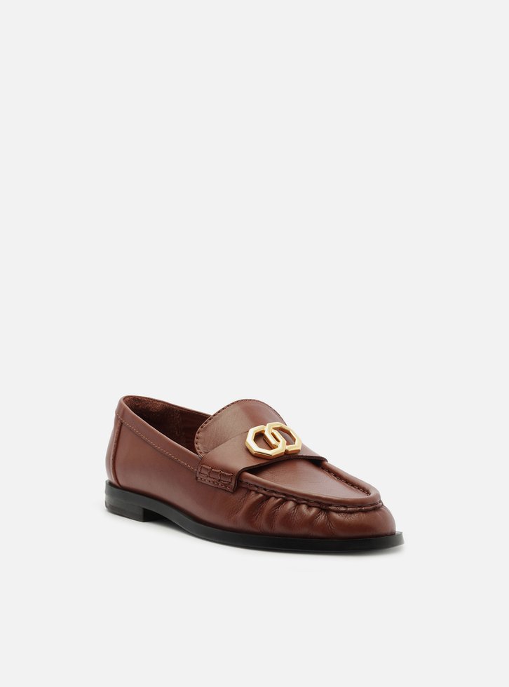 Mocassim Marrom Couro Franzido Tira Metal