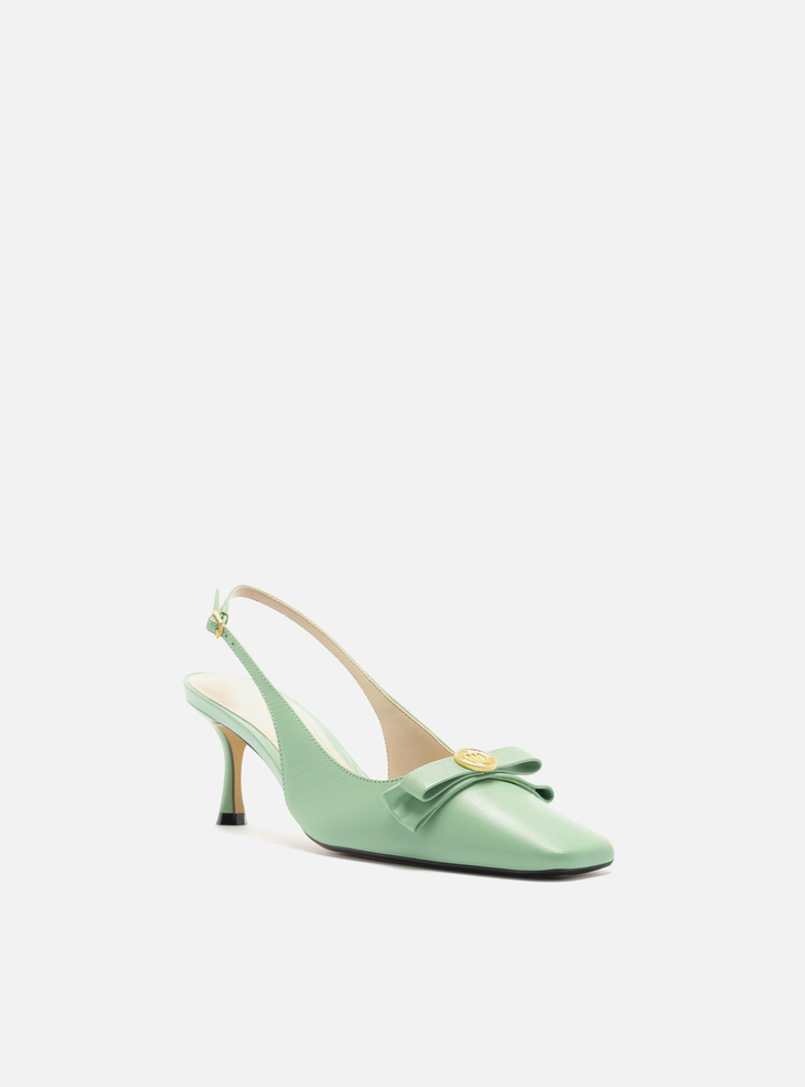 Scarpin Verde Arezzo Couro Bico Quadrado Slingback Laço