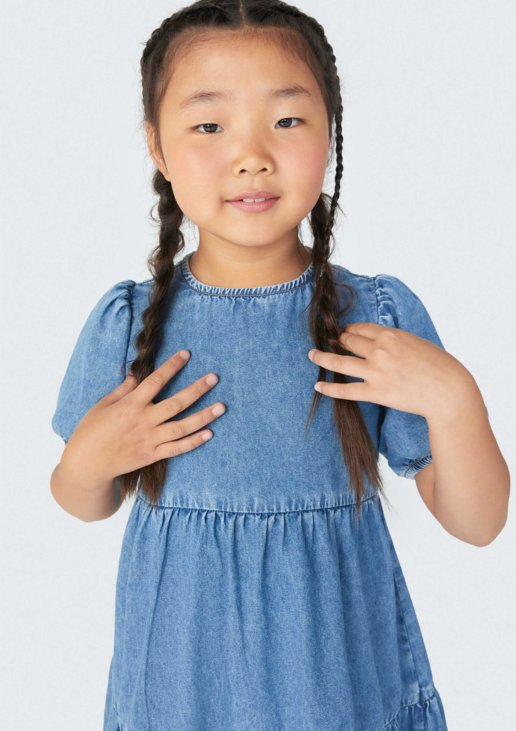 Vestido Azul Hering Jeans Infantil Com Manga Bufante