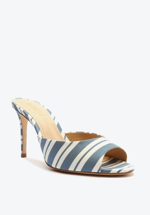 SANDÁLIA MULE AZUL E BRANCO SCHUTZ SALTO MÉDIO COURO