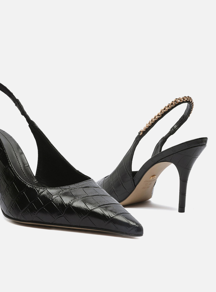 Scarpin Preto Arezzo Croco Bico Fino Slingback Corrente