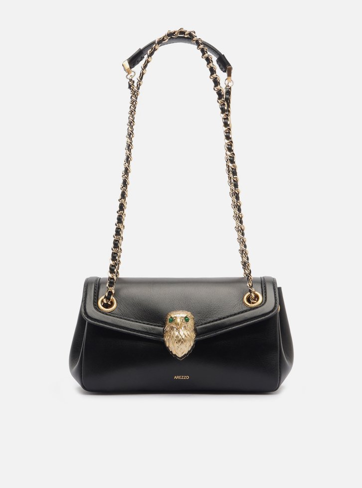 Bolsa Tiracolo Preta Couro Média Metal Águia