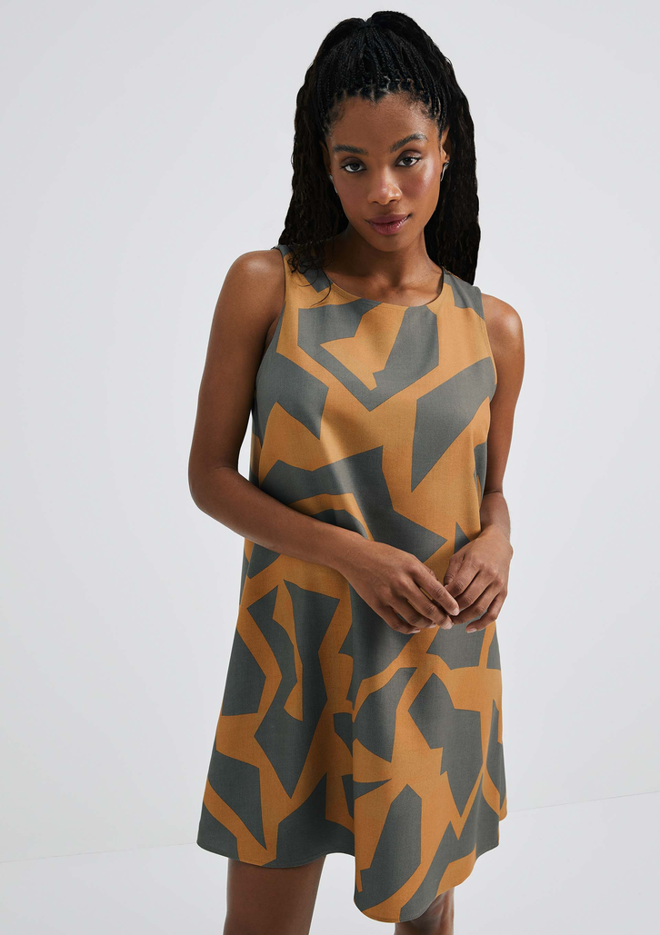 Vestido Marrom Médio Hering Curto Trapézio Estampado