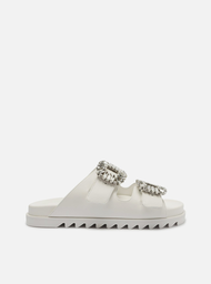 Sandália Slide Flatform Branca Arezzo Couro Pedraria