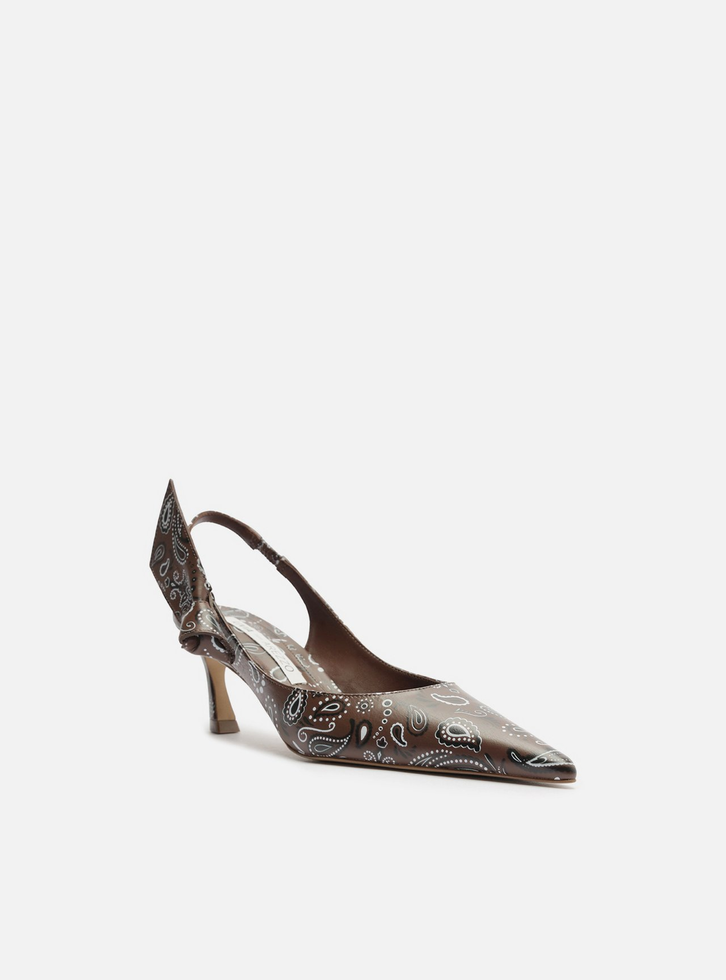 Scarpin Marrom Paisley Salto Baixo Slingback Livia