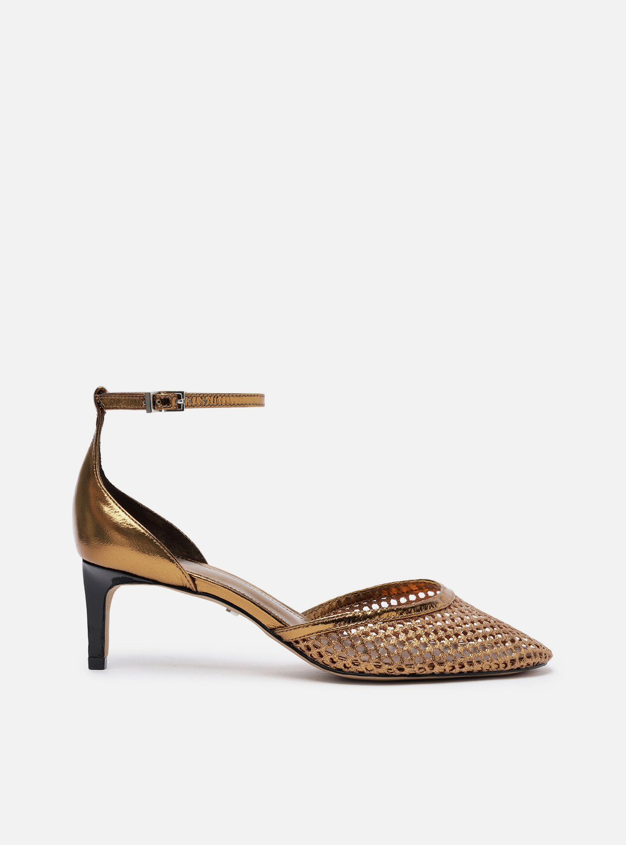 Scarpin Bronze Salto Baixo Fino Aberto Tela | ZZ MALL