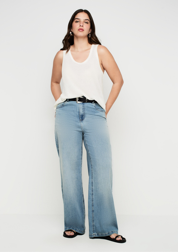 Calça Jeans Azul Claro Dzarm Ultra Stretch Pantalona Cintura Alta