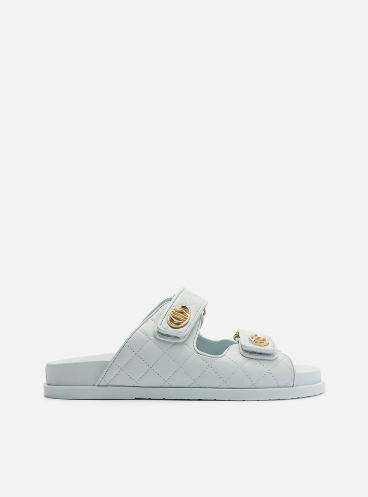 Sandália Rasteira Azul Arezzo Couro Matelassê Velcro