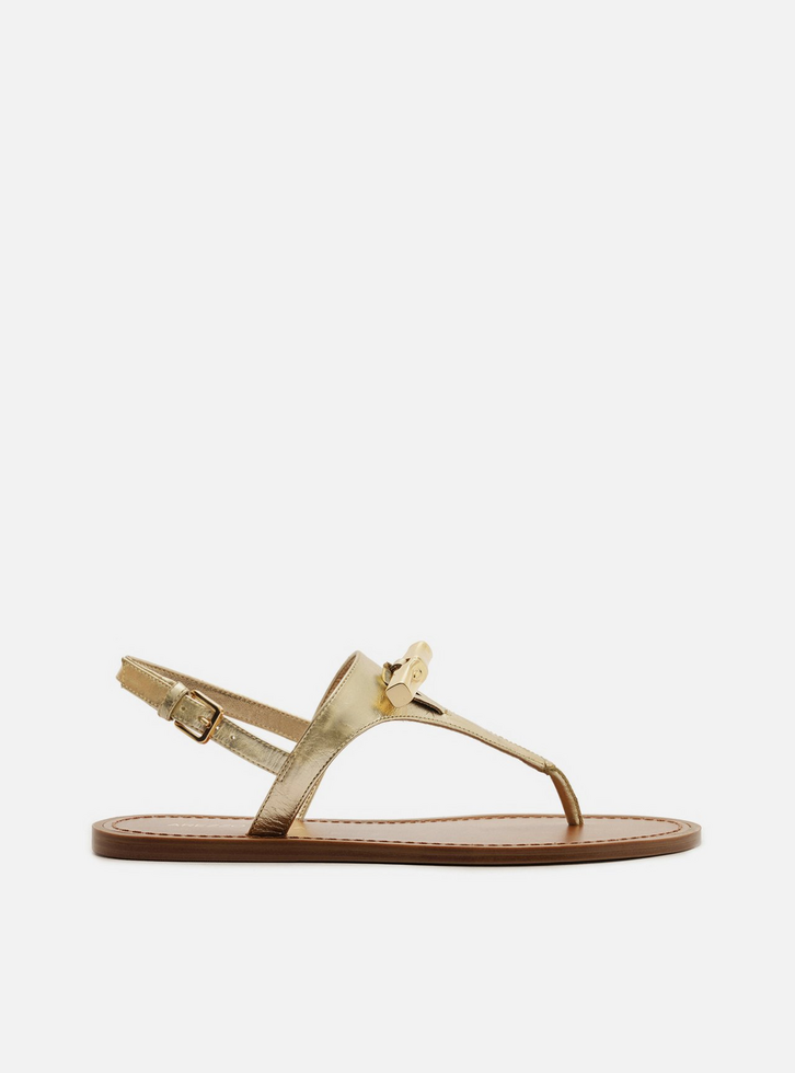 Sandália Rasteira Dourada Couro Tira Larga Metal