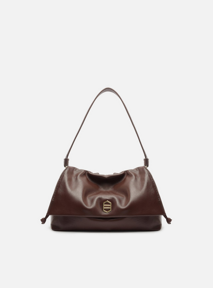 マロン Bolsa Tiracolo Marrom Couro Média Franzida | ZZ MALL