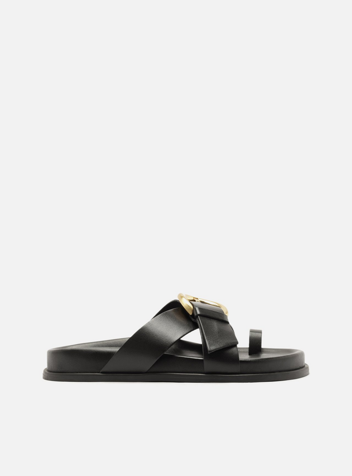 Sandália Papete Preta Couro Flatform Fivela Dourada