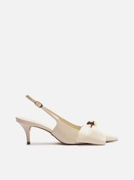 Scarpin Branco Couro Slingback Laço Metal