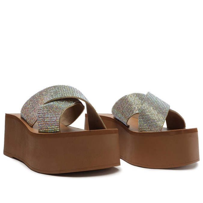 Sandália Flatform Marrom Íris Tiras Cruzadas Brilho Prateado Glam