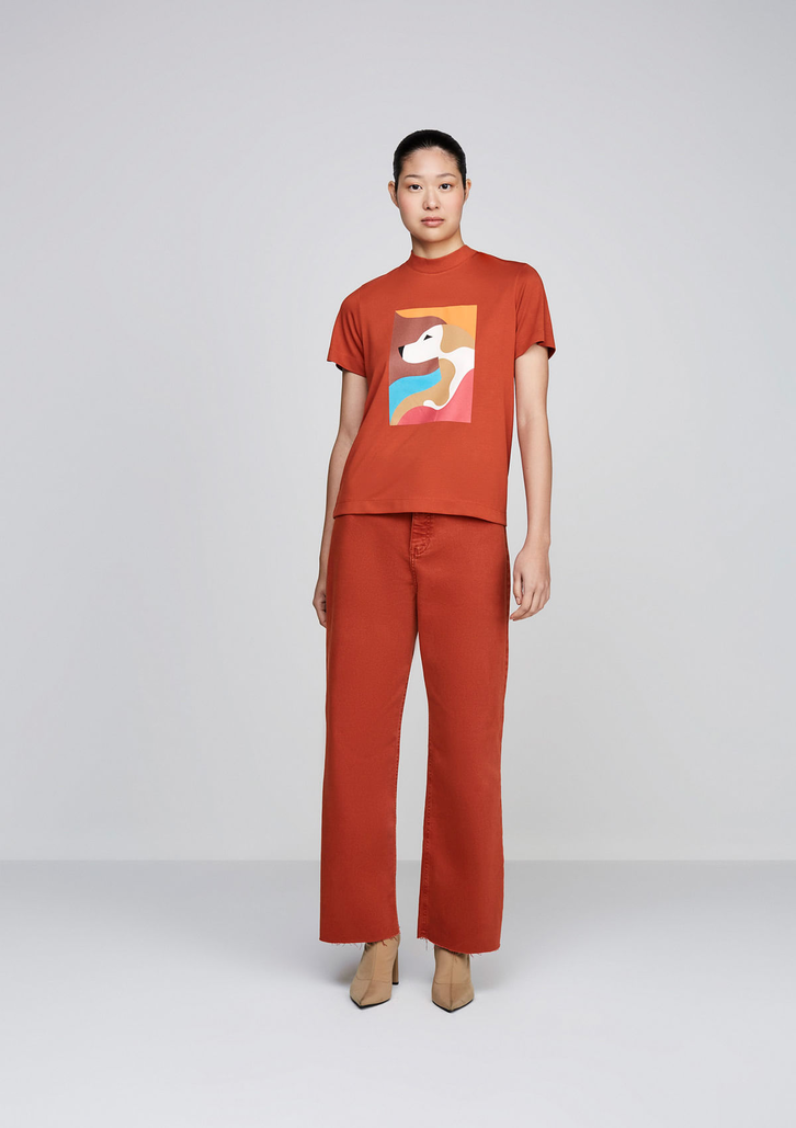Calça Laranja DZARM Em Sarja Wide Leg Slim Cintura Alta