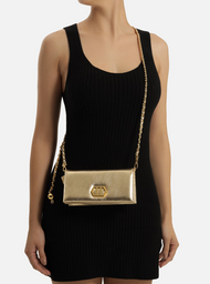 Clutch Dourada Couro Pequena Metal