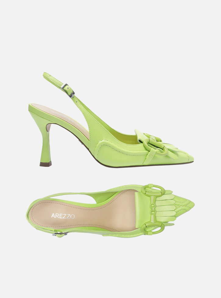 Scarpin Verde Couro Bico Fino Slingback Barbicacho