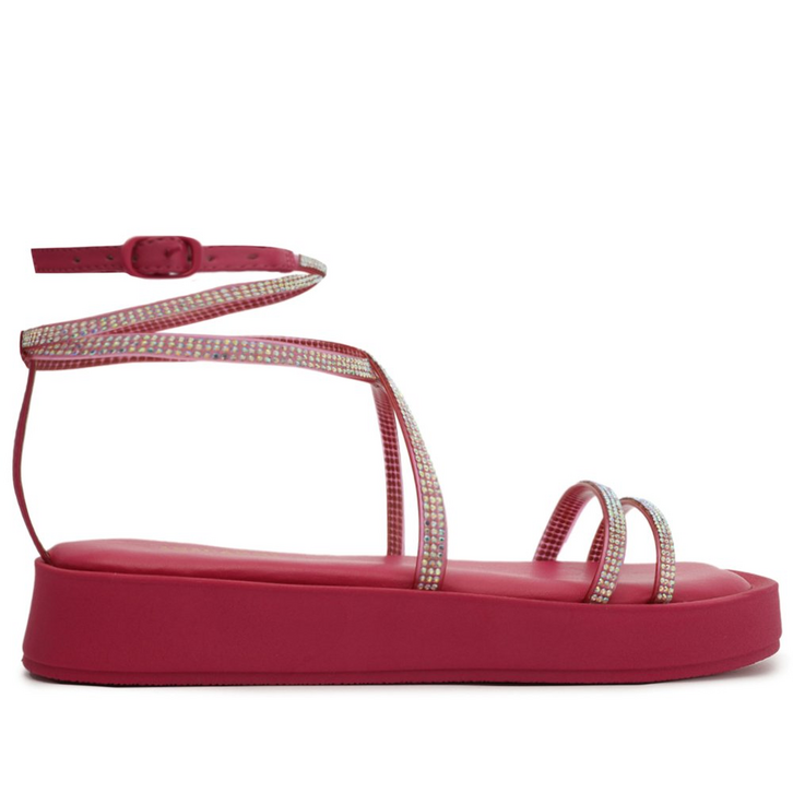 Sandália Flatform Amarração Rosa Pink Glam Brilhos