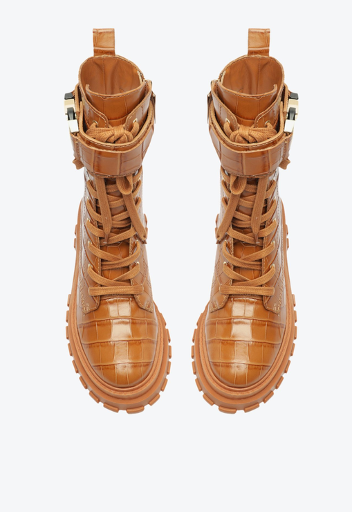 Bota Coturno Tratorado Cano Alto Couro Croco Marrom