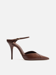 Mule Bege Couro Salto Alto Tira Instep | ZZ MALL