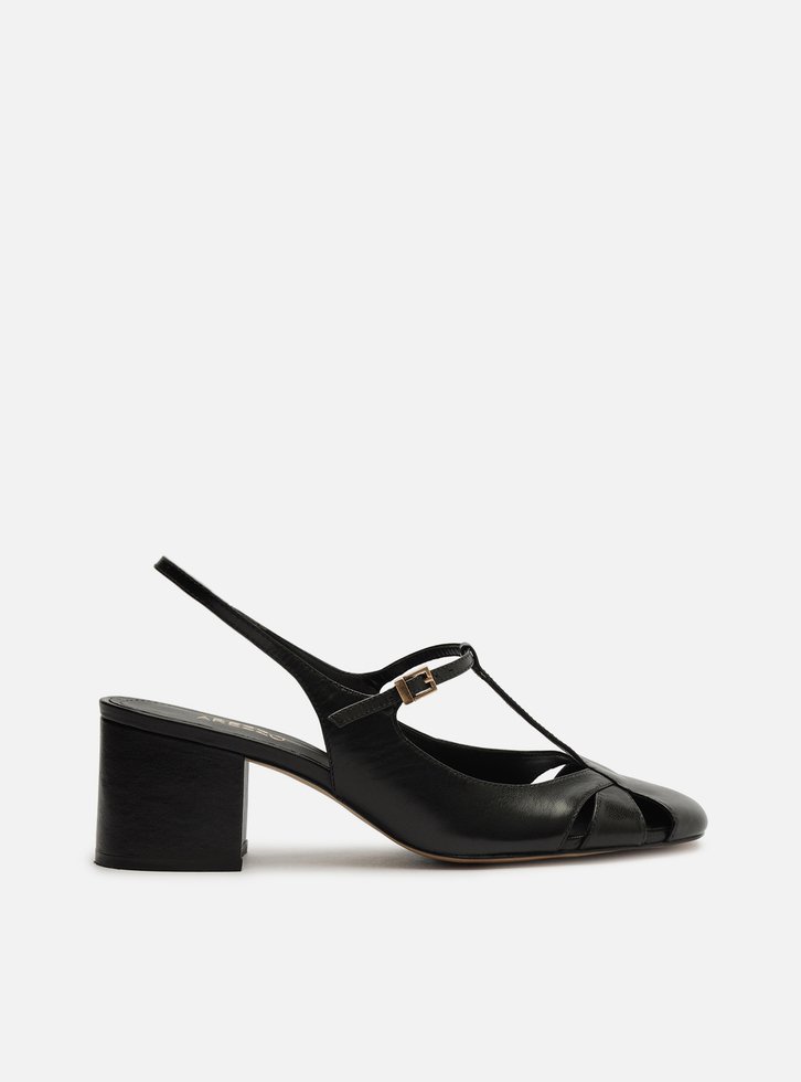 Sapato Boneca Preto Couro Slingback Recortes