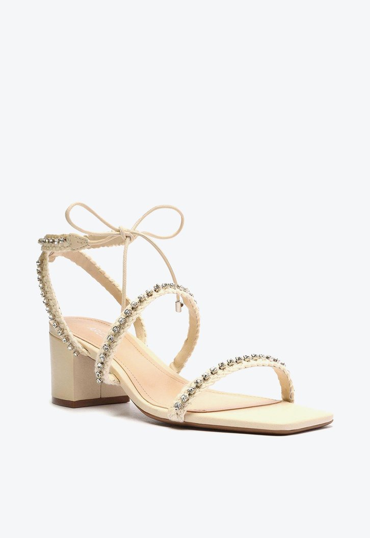 Sandália Off-White Arezzo Salto Médio Bloco Strass Mykonos