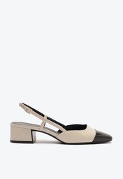 Sapatilha Slingback Salto Bloco Bege Ponta Verniz Preta