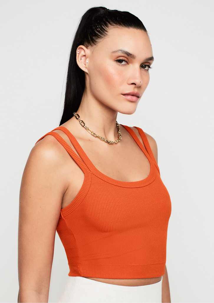 Top Cropped Laranja DZARM Alças Duplas Canelado
