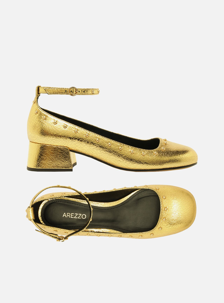 Sapato Dourado Arezzo Boneca Couro Salto Bloco Tachas