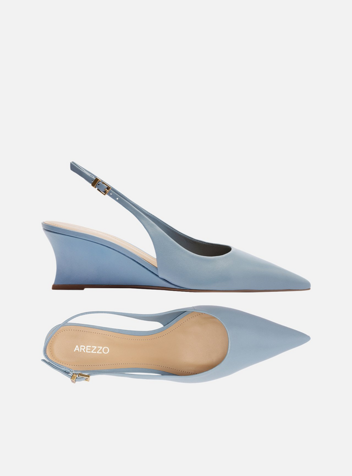 Scarpin Azul Couro Salto Baixo Anabela Slingback