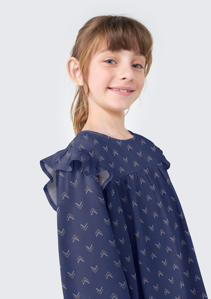 Vestido Azul Hering Infantil Mangas 7/8 Com Babados
