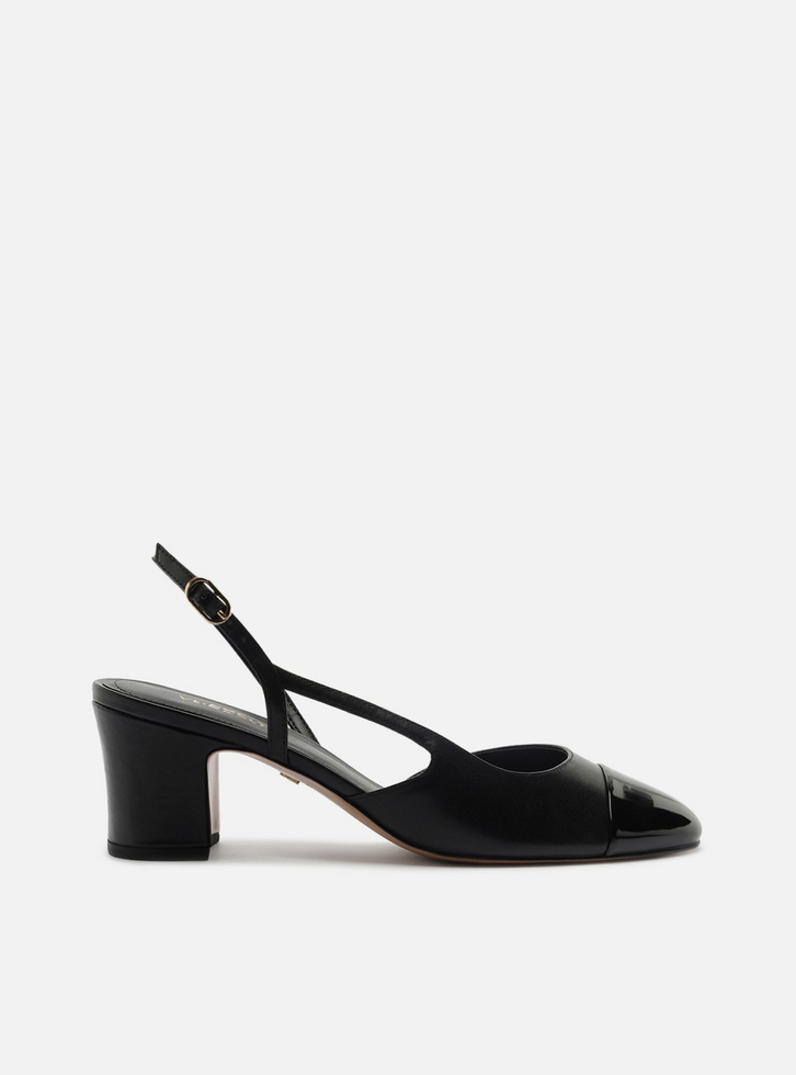 Scarpin Preto Couro Salto Bloco Slingback