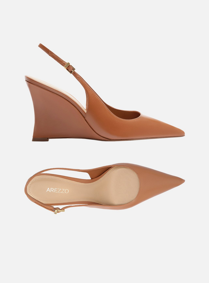 Scarpin Caramelo Couro Salto Alto Anabela Slingback