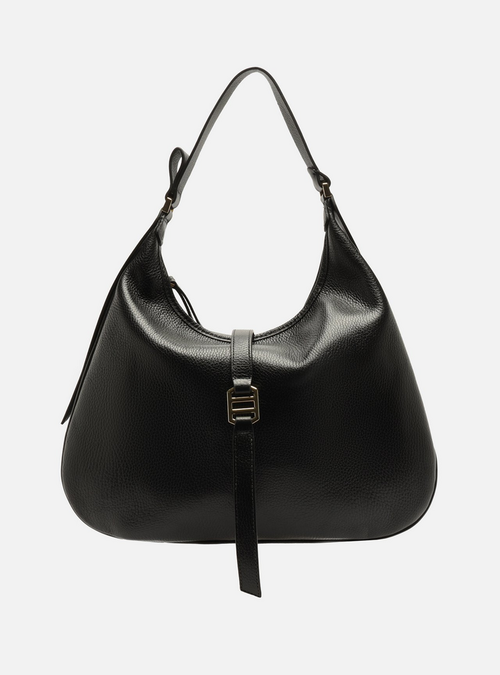 Bolsa Hobo Preta Couro Metais Dourados