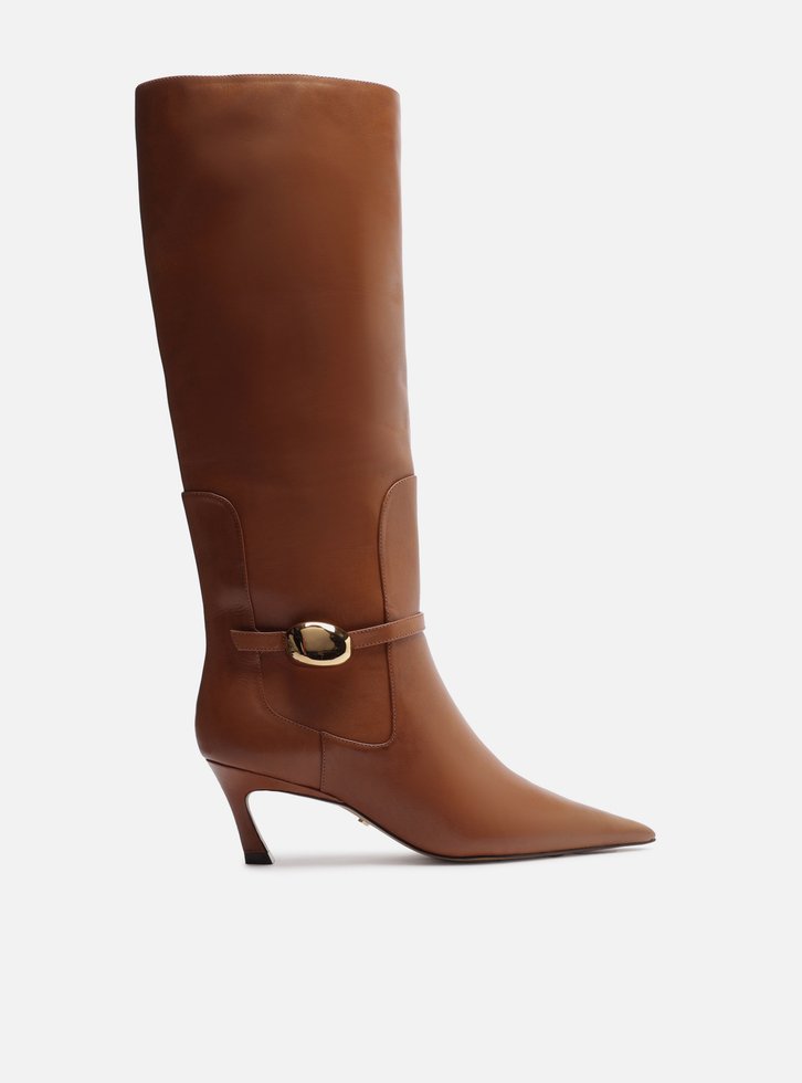 Bota Marrom Couro Salto Baixo Cano Longo Metal