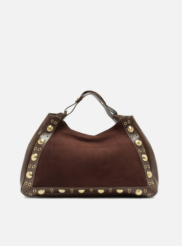 Bolsa Tote Marrom Couro Camurça Grande Metais