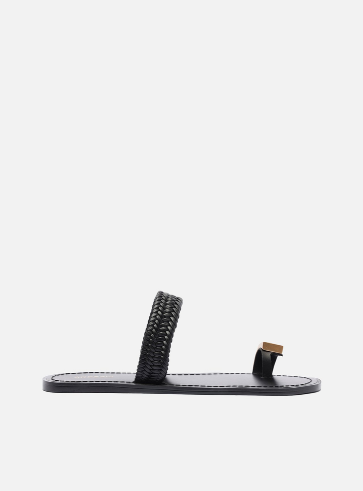 Rasteira Preta Tira Trançada Dedeira Metal