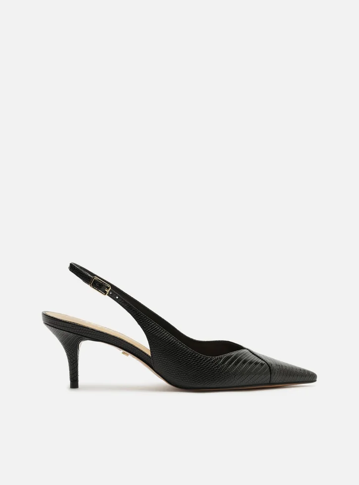 Scarpin Preto Lizard Salto Kitten Slingback