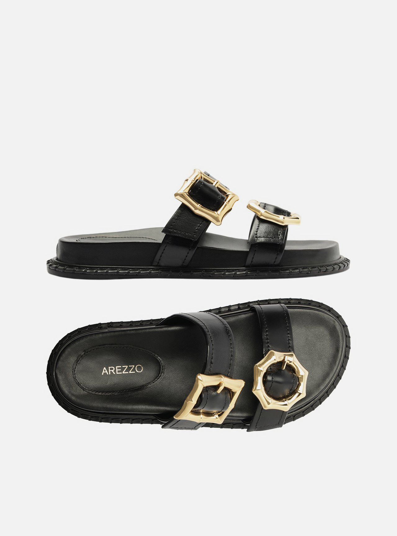Sandália Rasteira Preta Arezzo Couro Fivelas Geométricas | ZZ MALL