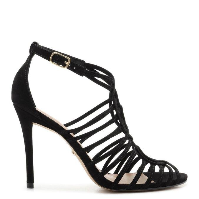 Sandália Arezzo Preta Nobuck Salto Alto Multitiras | ZZ MALL